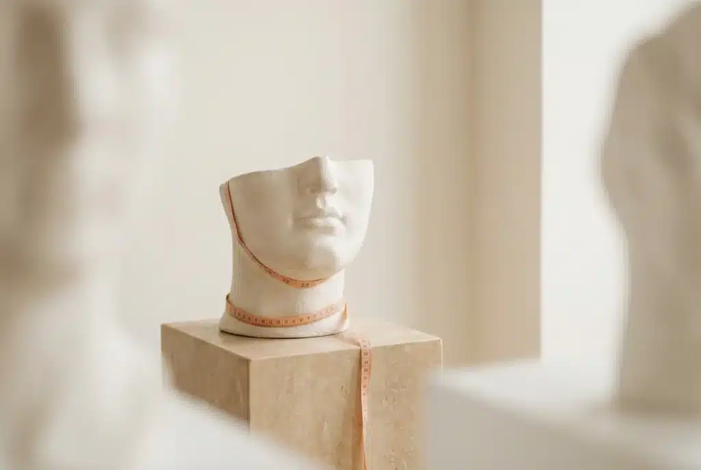 Skulptur af et ansigt set fra siden med fokus på hage og kæbelinje